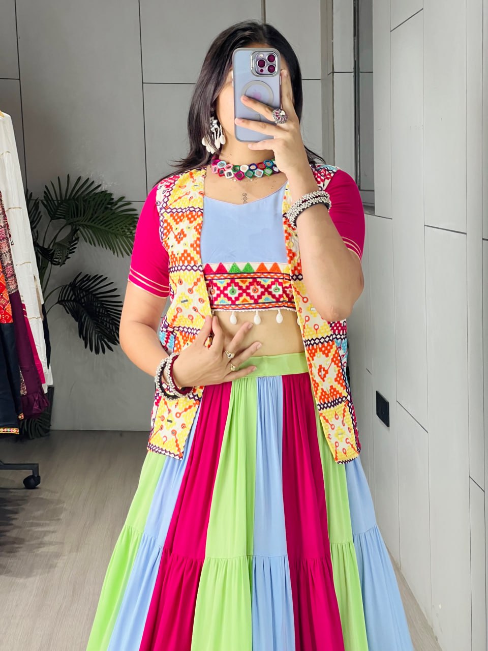 RangBhoomi Multicolor Mirror-Work Lehenga Choli Set — Festive Navratri Garba Ensemble