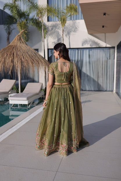 Elegant Lehenga Choli and Dupatta Ensemble in Fendi Silk with Multi-Thread Embroidery