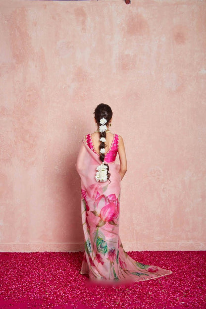 Ready To Wear Organza Silk Saree - Floral Printed