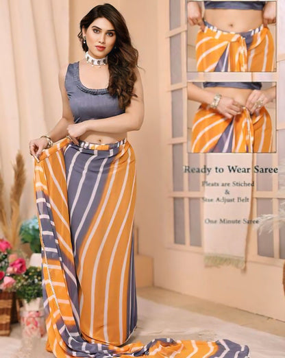 Elegant grey and orange ready to wear saree with striped pattern.