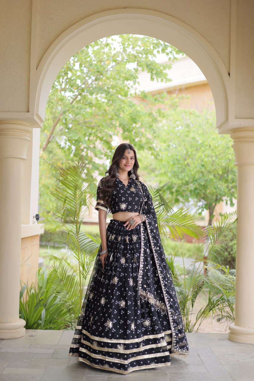 RangBhoomi Four-Color Faux Georgette Bandhej Lehenga Choli Set with Dupatta