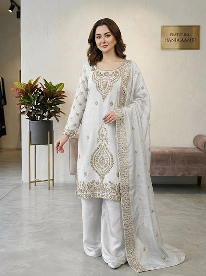 Elegant Designer Party Wear Top, Palazzos, and Dupatta Set with Intricate Heavy Embroidery and Beaded Detailing