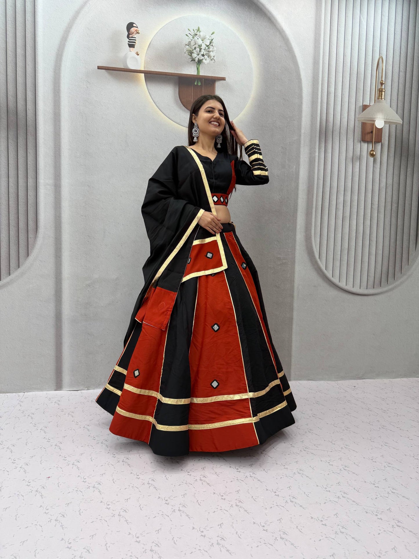 RangBhoomi Navratri Mirror-Work Roman Silk Lehenga Choli - 6+ Meter Flair