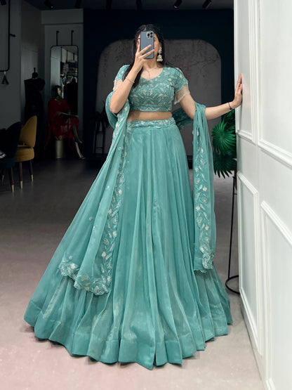Elegant Embroidered Gold Coin Festival Lehenga with Beads and Threadwork - Complete Set with Dupatta and Blouse