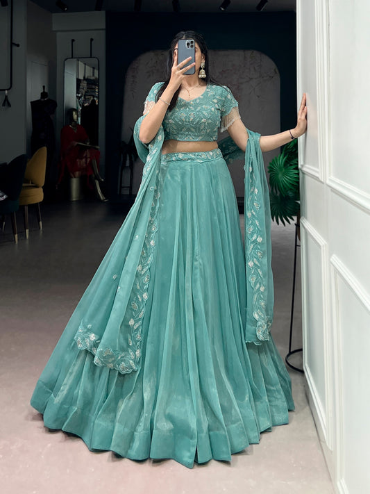 Elegant Embroidered Gold Coin Festival Lehenga with Beads and Threadwork - Complete Set with Dupatta and Blouse