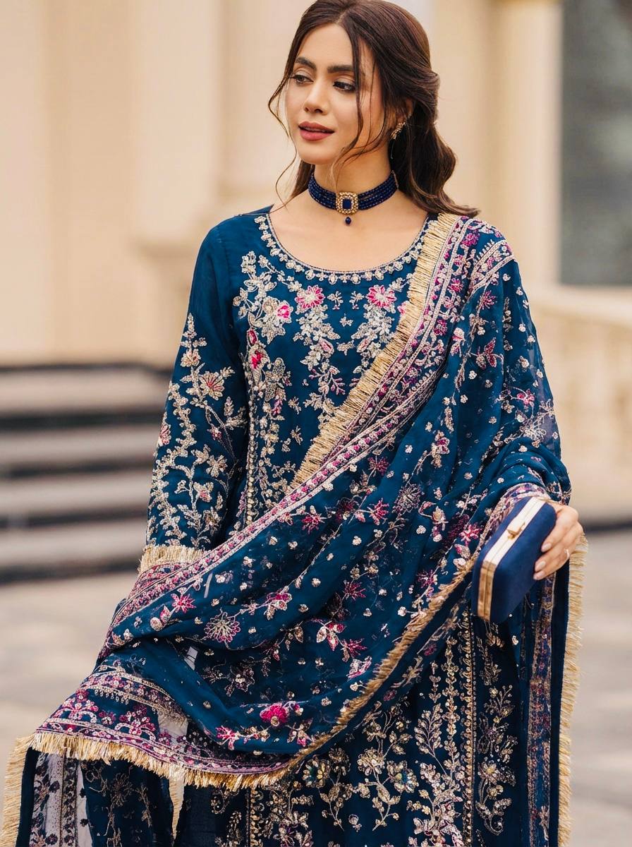 Elegant Ready-to-Wear Designer Set in Faux Georgette with Intricate Heavy Embroidery and Sequins - Fully Stitched Top, Bottom, and Dupatta