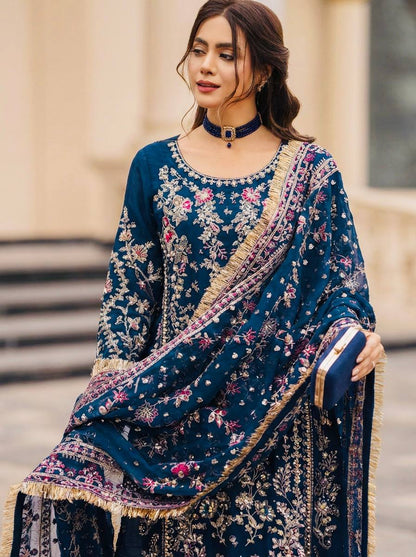 Elegant Ready-to-Wear Designer Set in Faux Georgette with Intricate Heavy Embroidery and Sequins - Fully Stitched Top, Bottom, and Dupatta