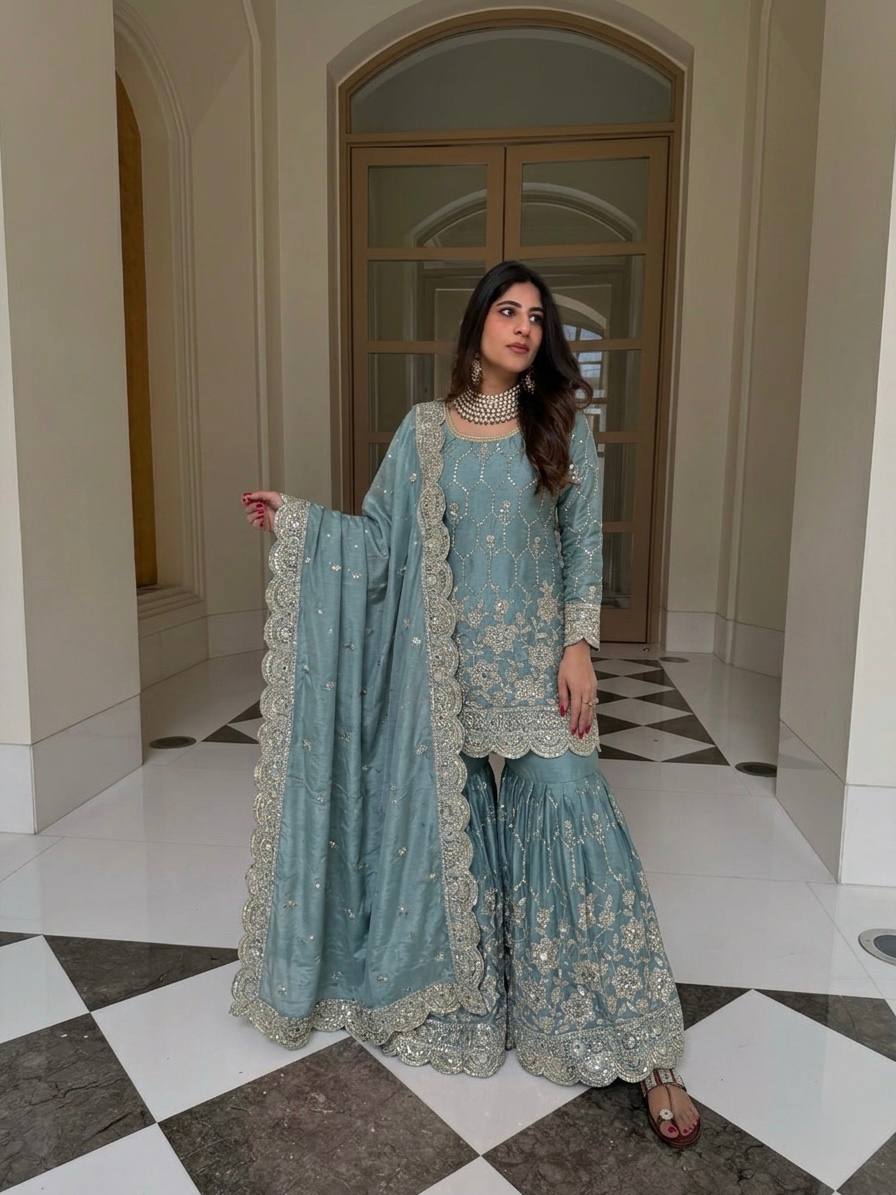Elegant Sharara Set in Luxurious Heavy GMY Silk with Intricate Mirror and Sequins Embroidery – Top, Bottom, and Dupatta Ready to Wear by RangBhoomi