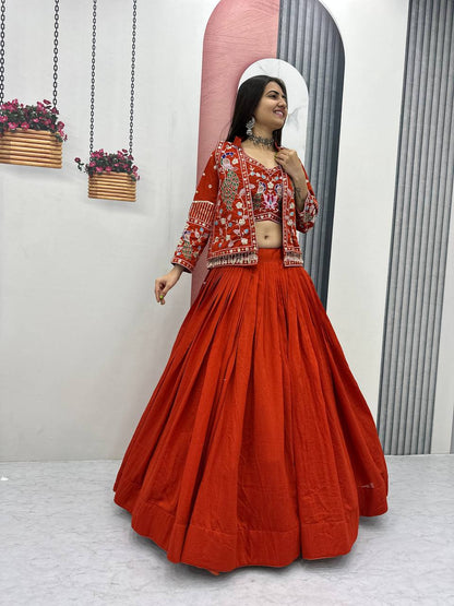 Festival Special Vichitra Silk Crop Top Lehenga Jacket Set with Heavy Thread and Sequin Embroidery by RangBhoomi