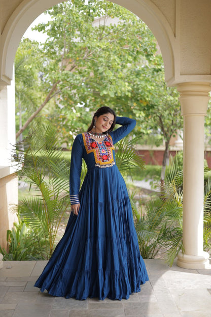 RangBhoomi Navratri Gown Collection 2026 — Wine, Rama & White Embroidered Mirror Work Gown