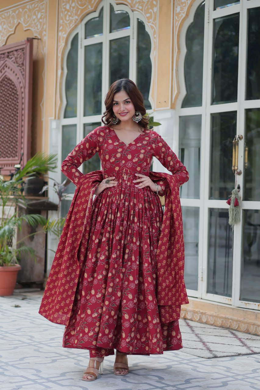 Premium Gown Set: Cotton Kurti, Pant & Dupatta