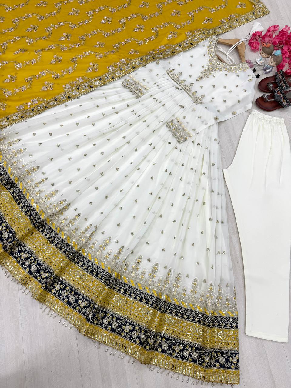 Elegant Party Wear Heavy Faux Georgette Gown with Embroidered Dupatta and Bottom Set