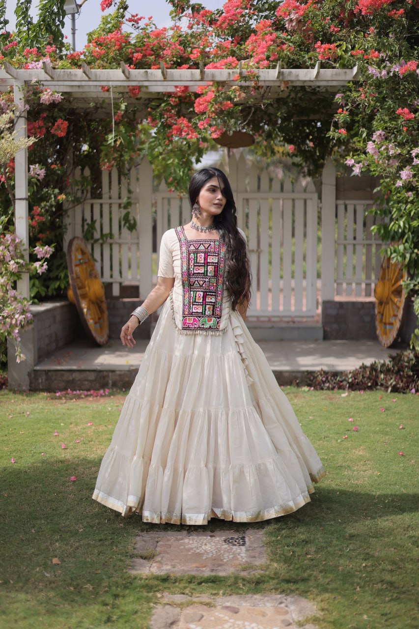 RangBhoomi Navratri 2026 Kora Cotton Full-Stitched Lehenga & Blouse Set — L (40", Adjustable 38–44)