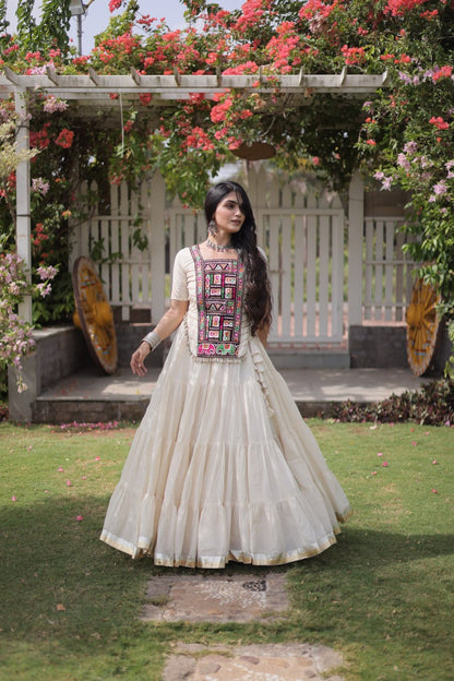 RangBhoomi Navratri 2026 Kora Cotton Full-Stitched Lehenga & Blouse Set — L (40", Adjustable 38–44)