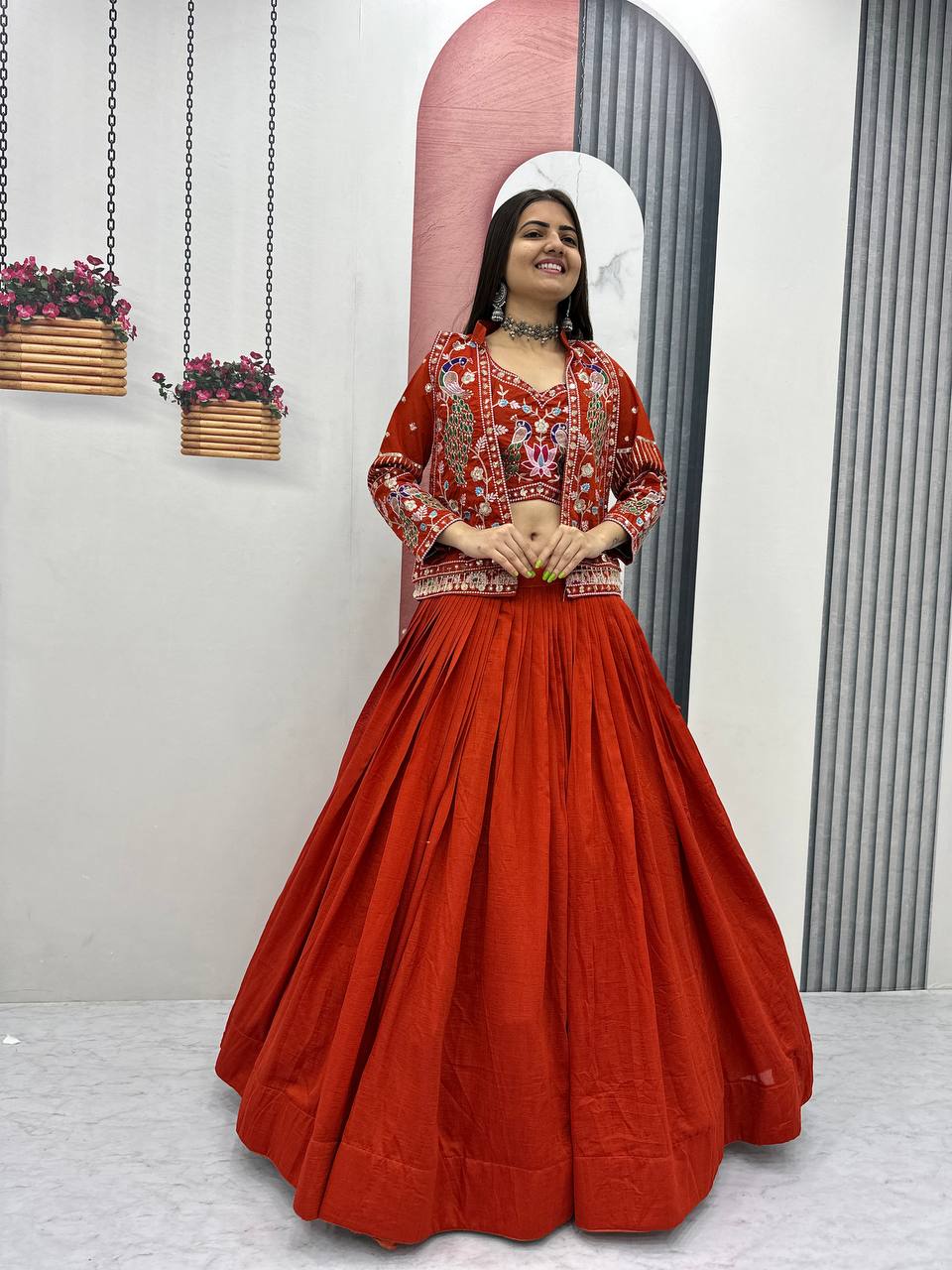 Festival Special Vichitra Silk Crop Top Lehenga Jacket Set with Heavy Thread and Sequin Embroidery by RangBhoomi
