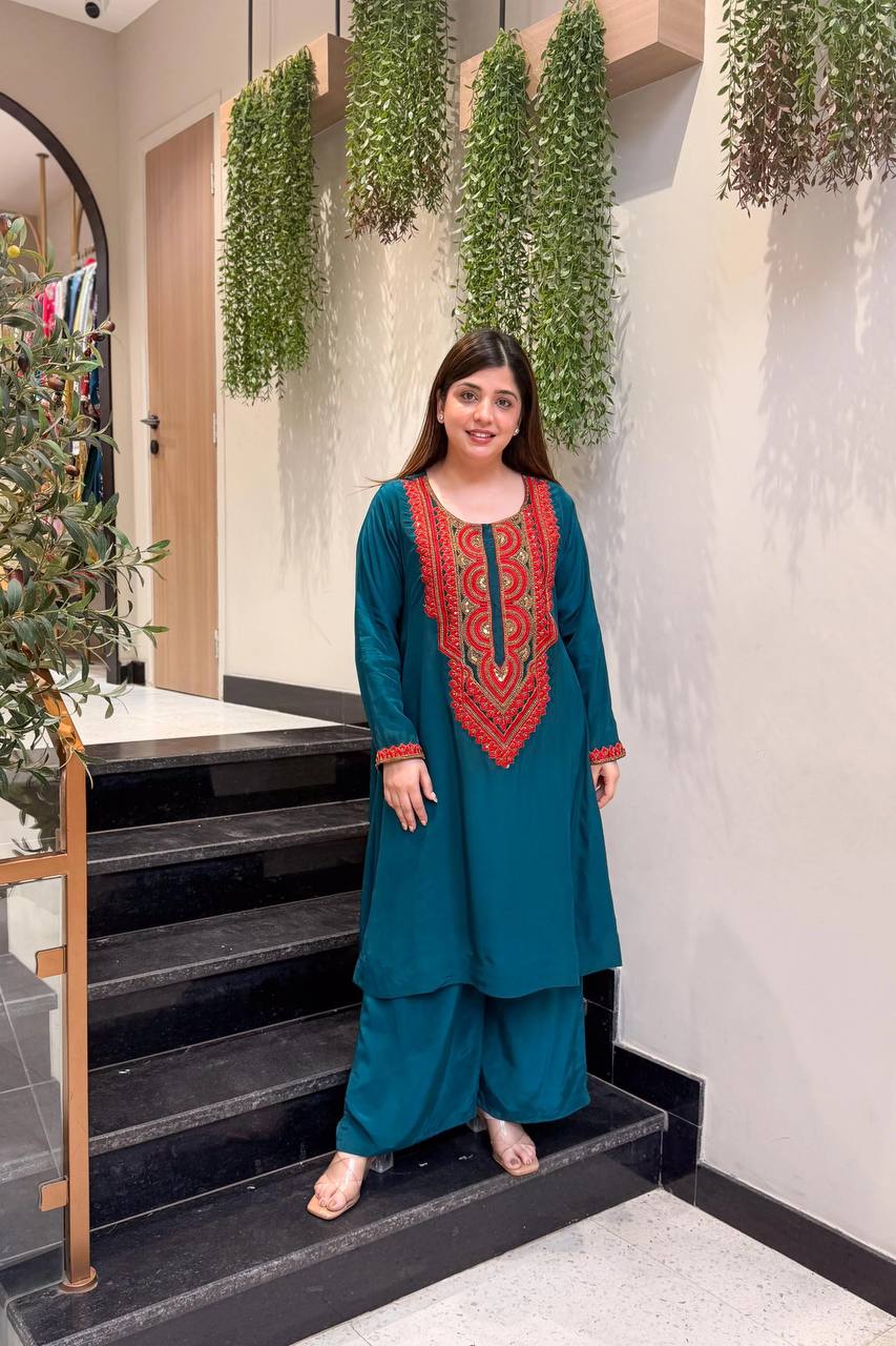RangBhoomi Embroidered French Crepe Co-ords Set – Stylish Two-Color Pair (S–XXL)