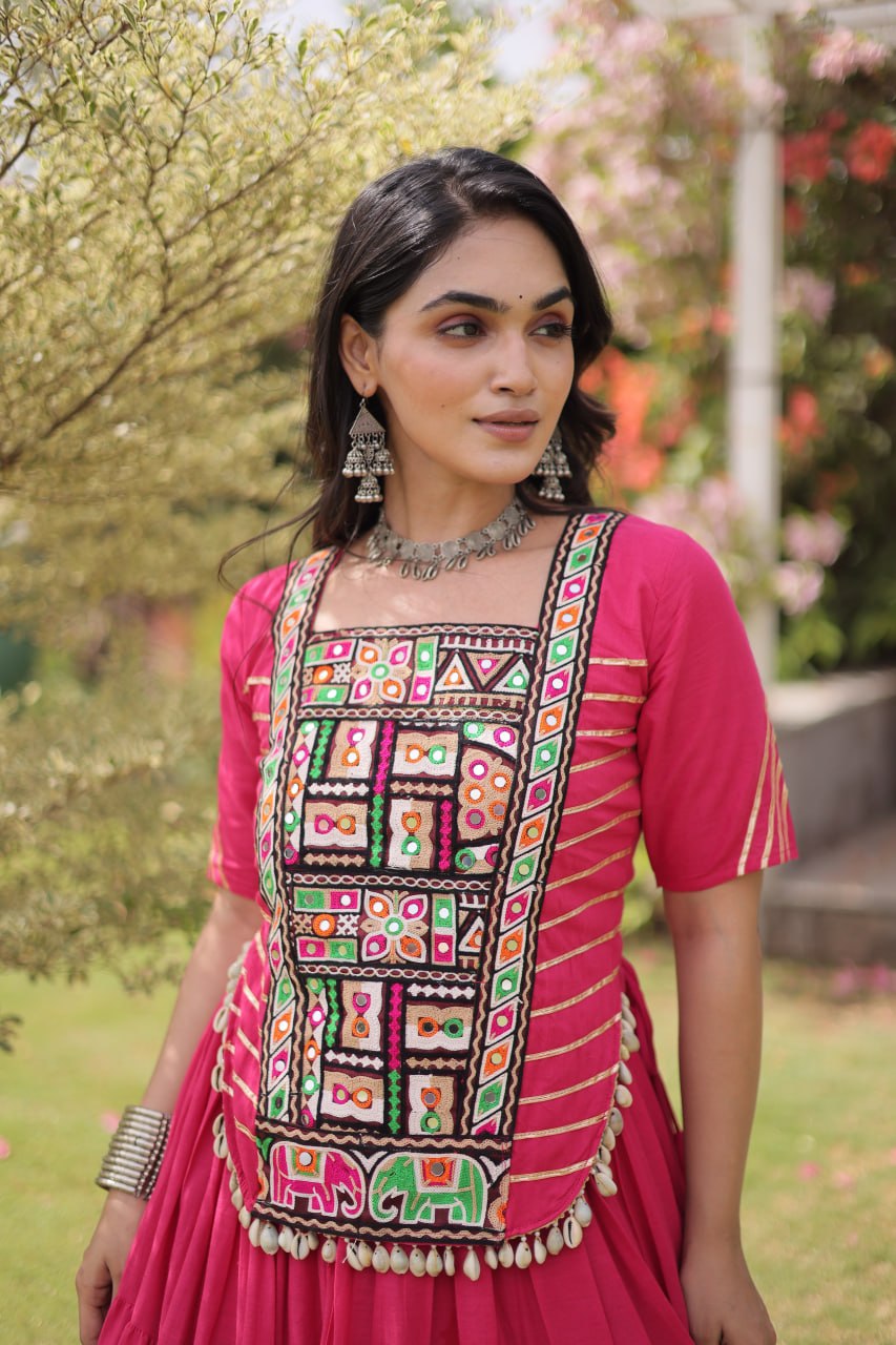 RangBhoomi Navratri 2026 Kora Cotton Full-Stitched Lehenga & Blouse Set — L (40", Adjustable 38–44)