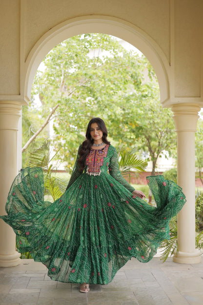 RangBhoomi Bandhani & Kutchi Patchwork Faux Georgette Gown — Festive Navratri Edition