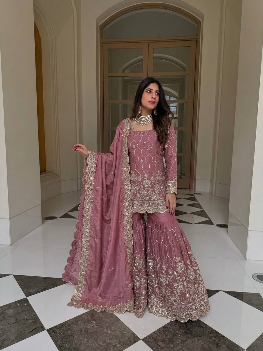 Elegant Sharara Set in Luxurious Heavy GMY Silk with Intricate Mirror and Sequins Embroidery – Top, Bottom, and Dupatta Ready to Wear by RangBhoomi