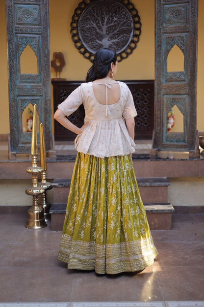 RangBhoomi Designer Dyeable Viscose Jacquard Lehenga Choli Set - Parrot & Wine