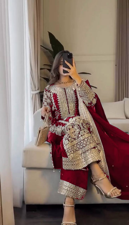 New Collection Faux Georgette Ensemble with Intricate Heavy Embroidery, Sequin Detailing, and Fully Stitched Ready-to-Wear Top, Bottom, and Dupatta Set