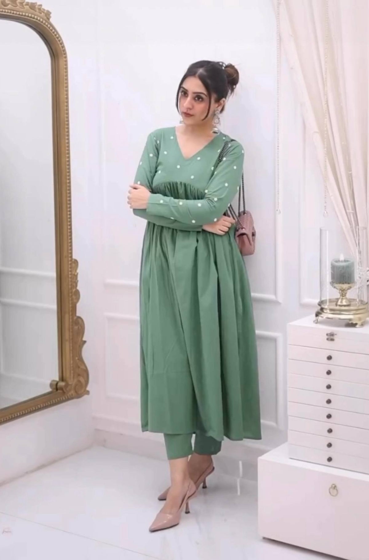 Farheen light green co-ord set in Roman silk, matching long pants.