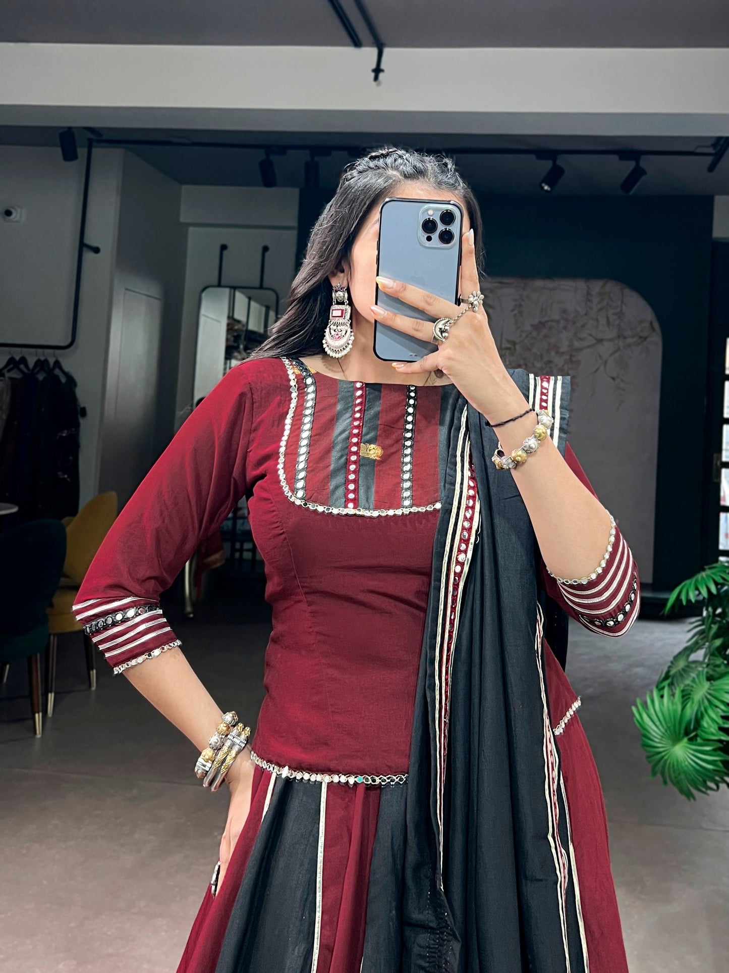 RangBhoomi Navratri Collection 2026 — Chinon Embossed Mirror Lehenga Set