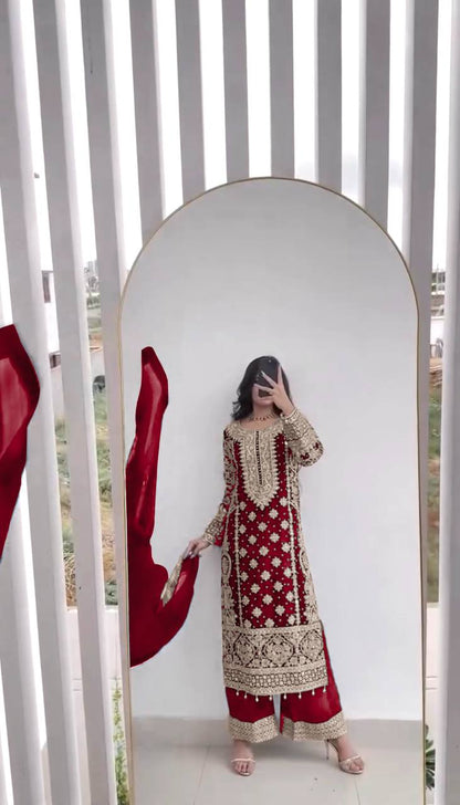 New Collection Faux Georgette Ensemble with Intricate Heavy Embroidery, Sequin Detailing, and Fully Stitched Ready-to-Wear Top, Bottom, and Dupatta Set