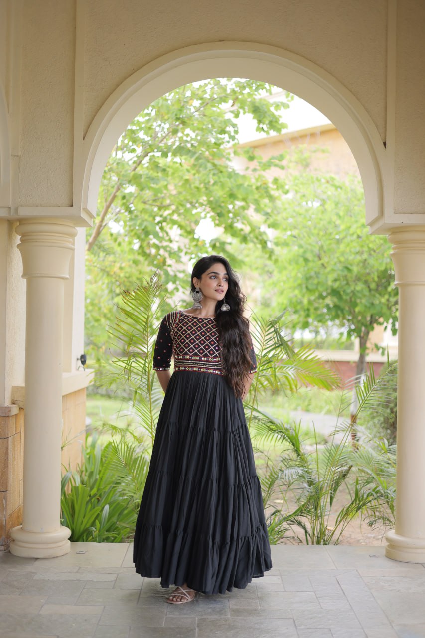 RangBhoomi Navratri Embroidered Kora Cotton Gown — Off-White & Black, 56" Length
