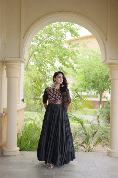 RangBhoomi Navratri Embroidered Kora Cotton Gown — Off-White & Black, 56" Length