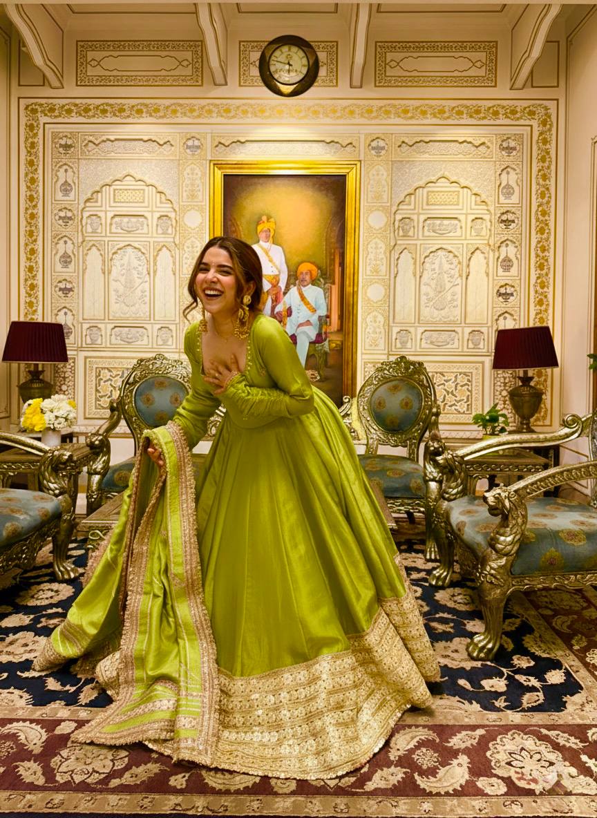 RangBhoomi Premium Chinon Silk Anarkali Gown Set with Heavy Embroidery, 3mm Sequin Sleeve Lace, Crepe Pants, and Sequined Lace Dupatta
