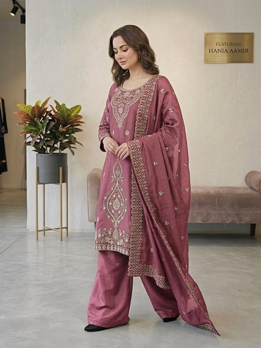 Elegant Designer Party Wear Top, Palazzos, and Dupatta Set with Intricate Heavy Embroidery and Beaded Detailing