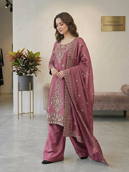 Elegant Designer Party Wear Top, Palazzos, and Dupatta Set with Intricate Heavy Embroidery and Beaded Detailing