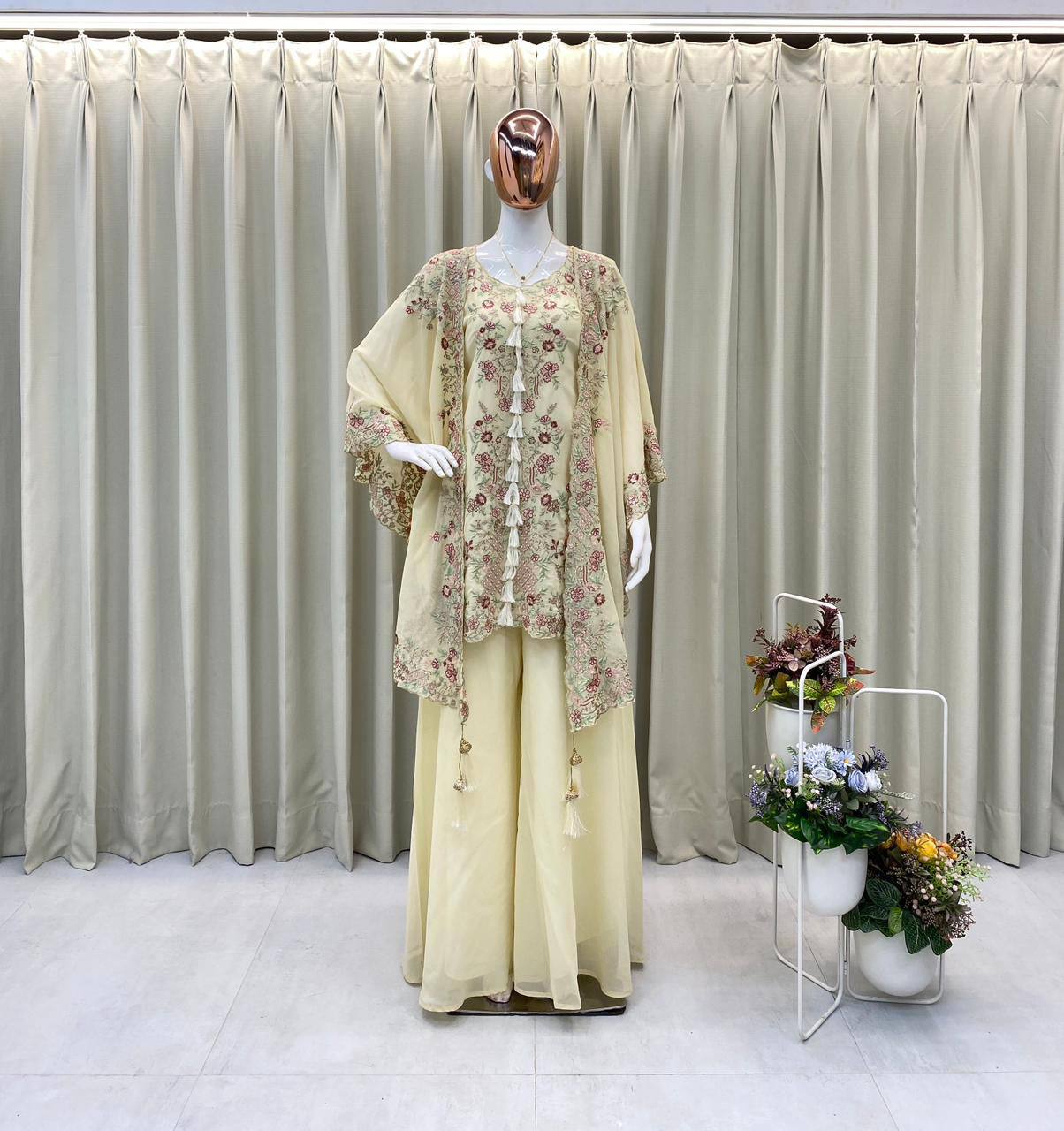 Elegant Designer Kurta and Palazzo Set with Sequined Embroidered Shrug in Luxurious Faux Georgette Fabric