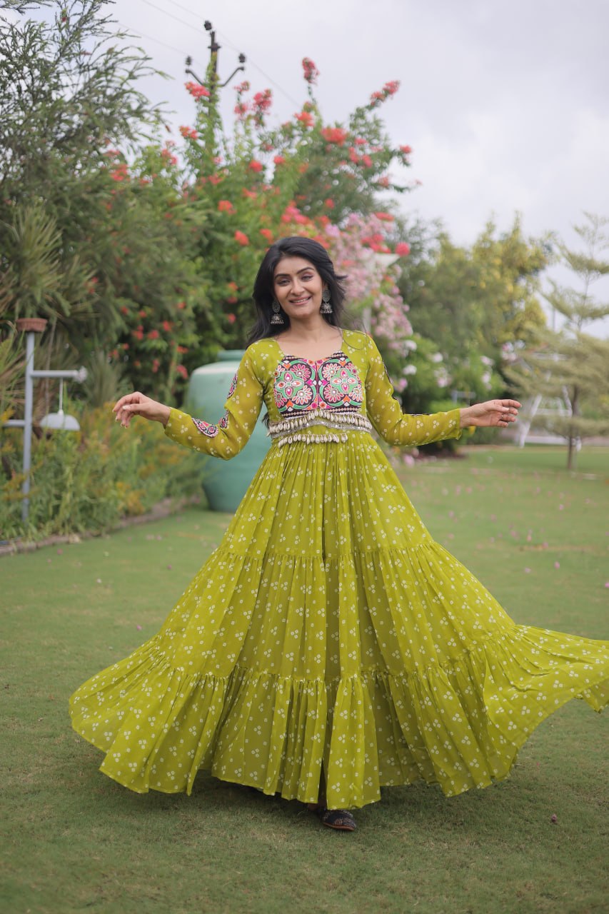 RangBhoomi Bandhani & Kutchi Patchwork Faux Georgette Gown — Full Sleeve, 12m Flair, Cotton Lining