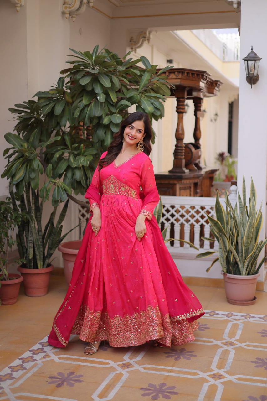 Premium Ready-to-Wear Silk Gown with Embroidered Sequined Dupatta Set