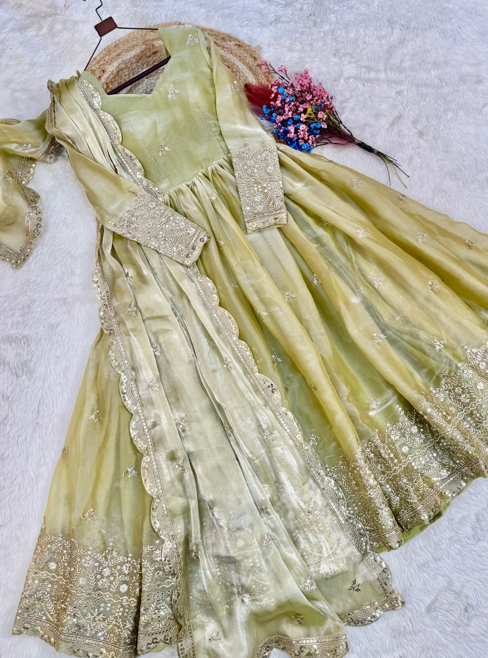 RangBhoomi Fendi Silk Sequined Gown with Dupatta – Elegant Full-Sleeve Designer Set