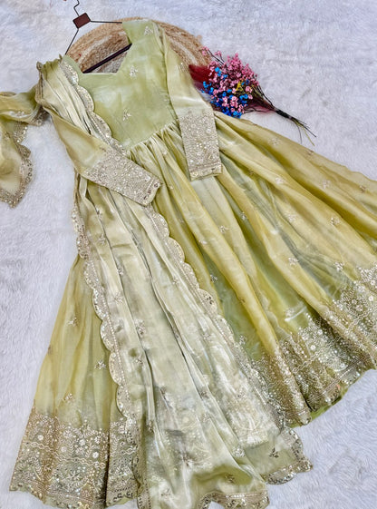 RangBhoomi Fendi Silk Sequined Gown with Dupatta – Elegant Full-Sleeve Designer Set
