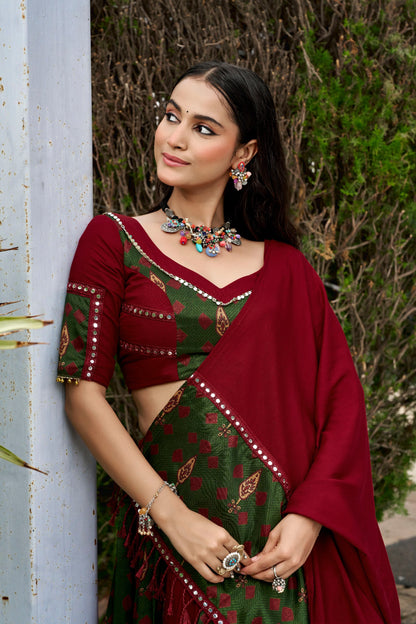 RangBhoomi Navratri 2026 Rayon Ajrakh Lehenga Set with Gotta Patti & Mirror Lace