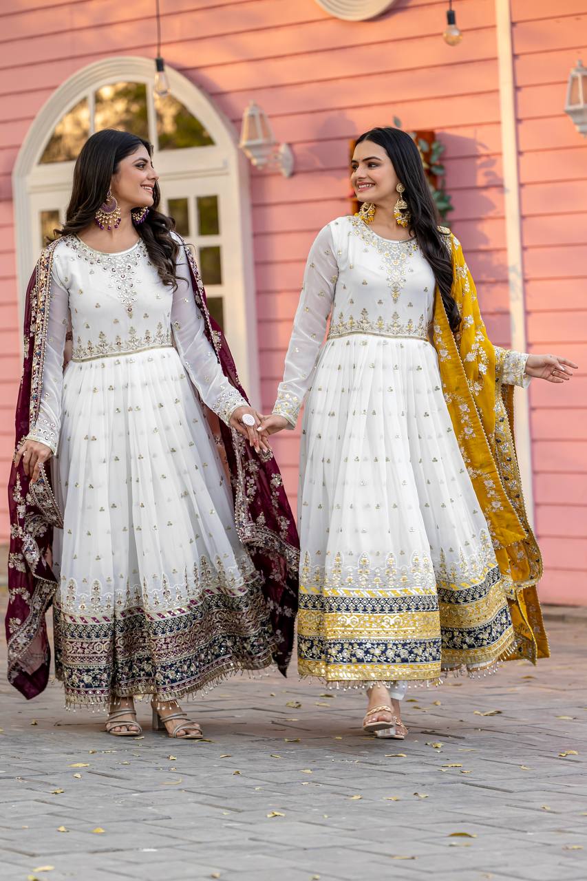 Elegant Party Wear Heavy Faux Georgette Gown with Embroidered Dupatta and Bottom Set