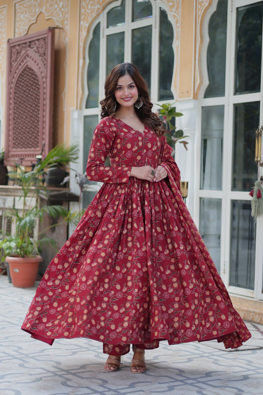 Premium Gown Set: Cotton Kurti, Pant & Dupatta