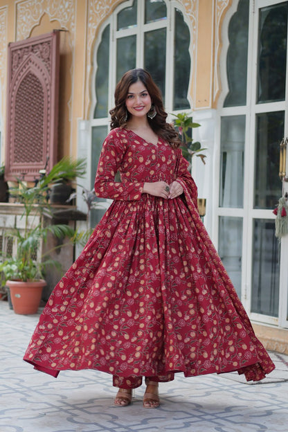 Premium Gown Set: Cotton Kurti, Pant & Dupatta