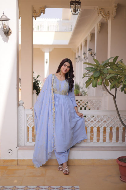 Premium Ready-to-Wear Mal Mal Chanderi Gown Set with Roman Silk Pants and Embroidered Dupatta