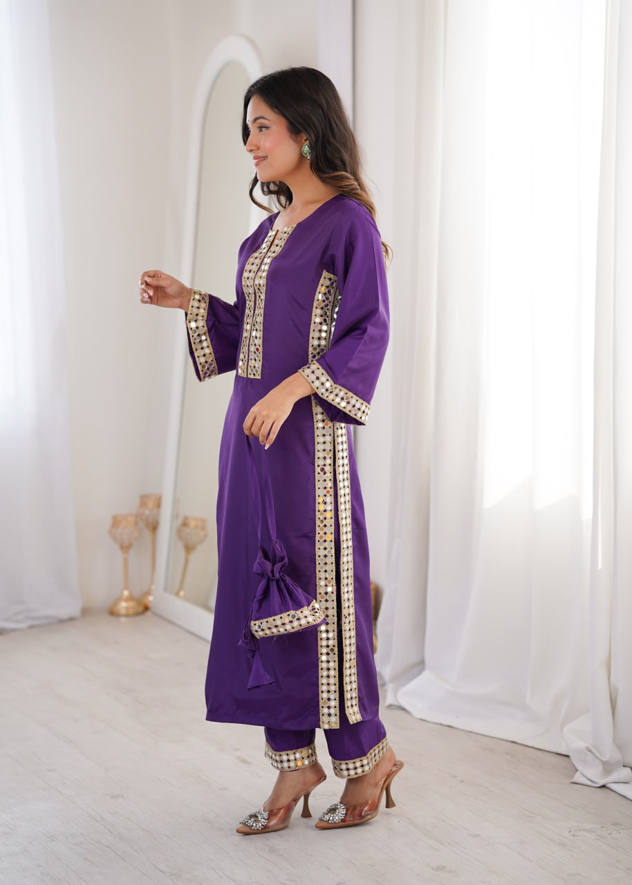 Ready-to-Wear Kurti and Pants Set with Decorative Mirror Work Purse