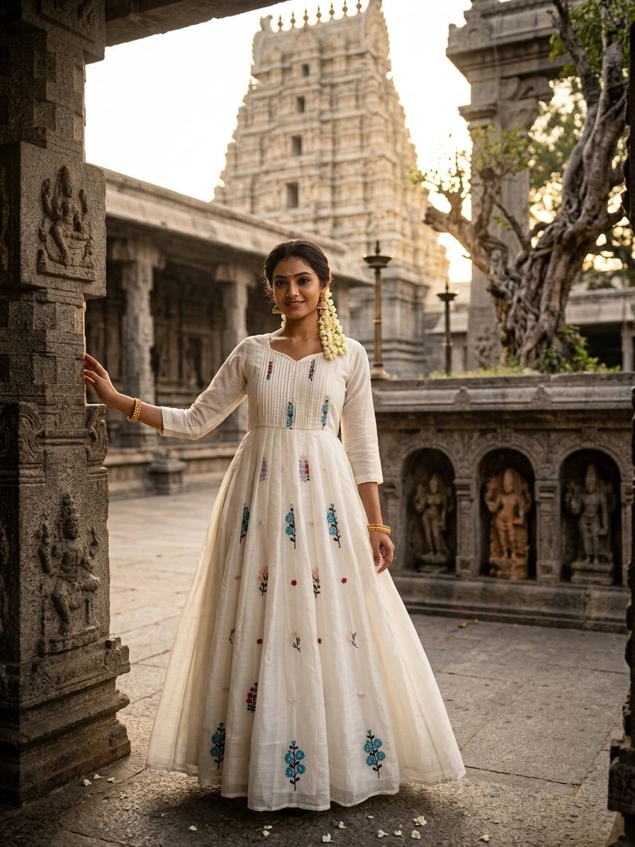 Embroidered Mull Cotton Festival Gown – Elegant Fully Stitched Celebration Wear