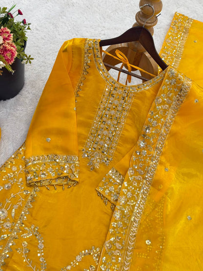 Elegant Designer Ready-to-Wear GMY Silk Three-Piece Set with Heavy Embroidery, Sequins, and Lace Border – Fully Stitched Top, Palazzo, and Dupatta