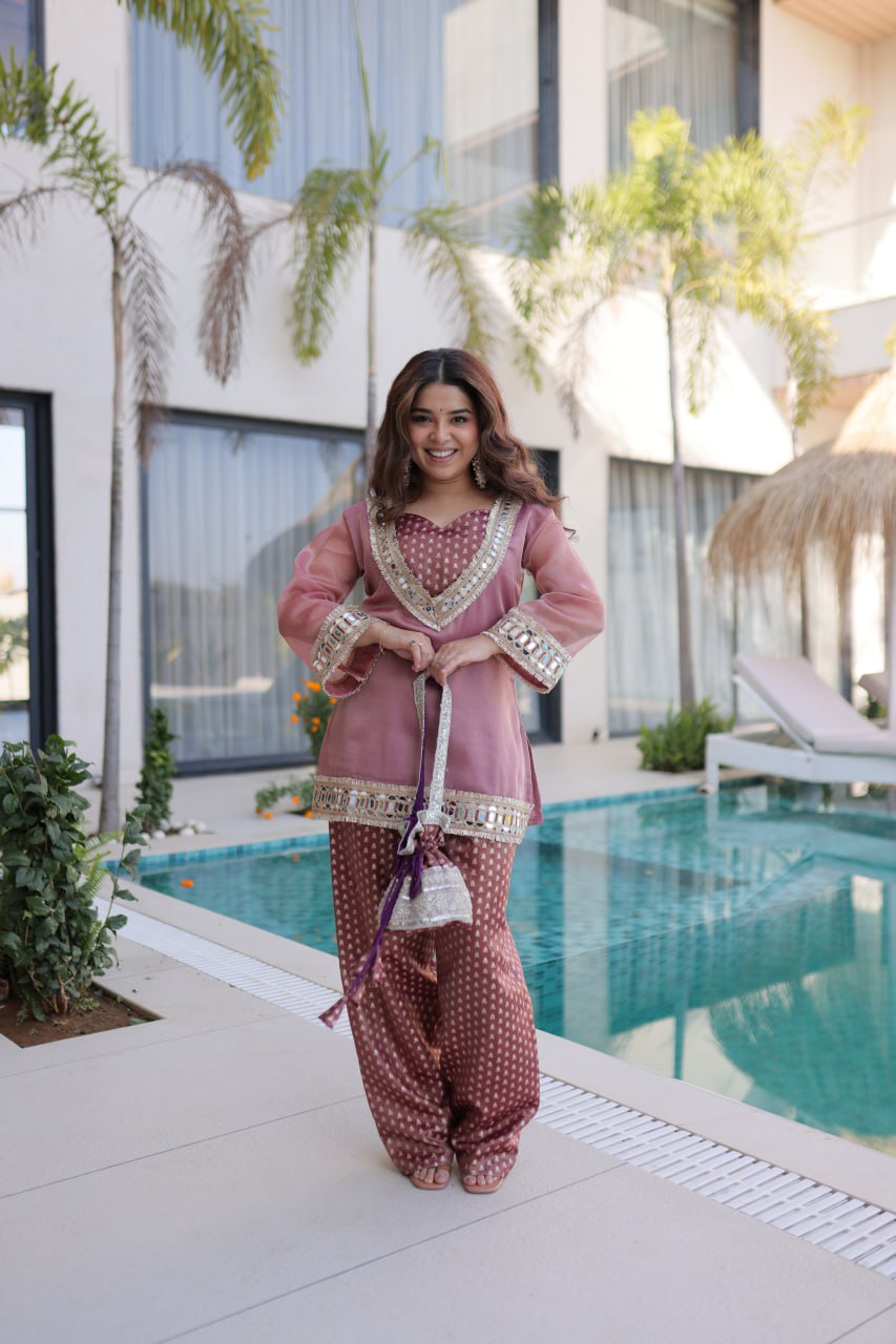 RangBhoomi Ready-Made Elegant Top and Pants Set with Matching Batwa