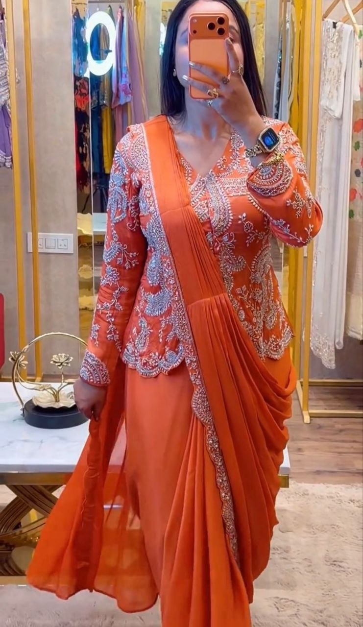 Elegant Ready-to-Wear Saree with Full Embroidered Sequined Jacket in Luxurious Heavy Chinon Fabric