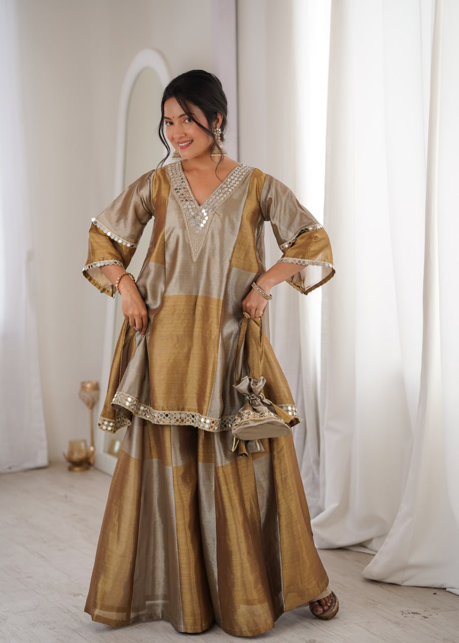Ready-Made Two-Piece Ensemble with Batwa - Elegant Two-Tone Tissue Fabric with Embroidered and Mirror Work Lace