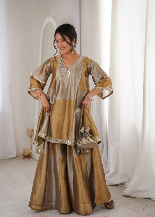Ready-Made Two-Piece Ensemble with Batwa - Elegant Two-Tone Tissue Fabric with Embroidered and Mirror Work Lace